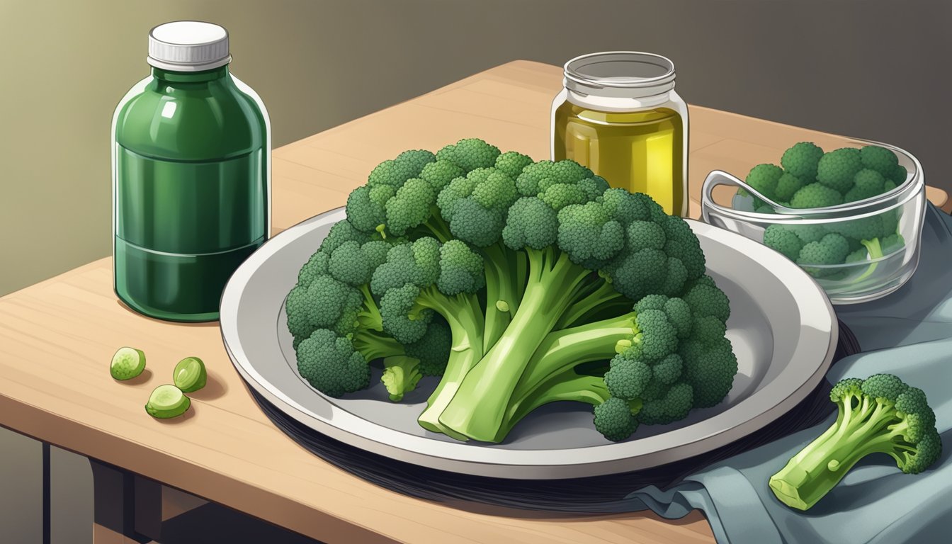 A plate of broccoli and a bottle of iron supplements sitting side by side on a table