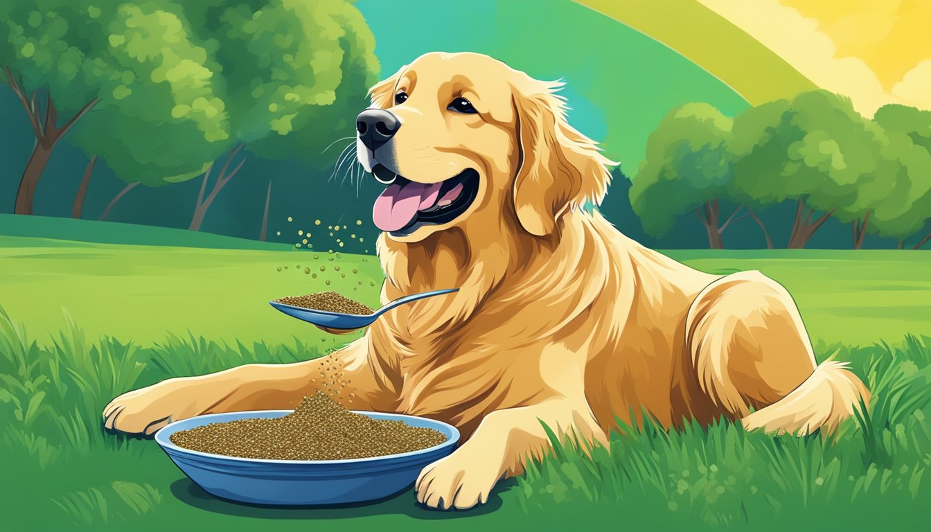 A golden retriever happily eating chia seeds sprinkled on top of its food, with a vibrant background of green grass and blue skies