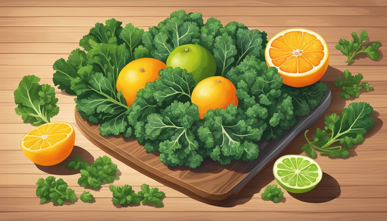 A vibrant bowl of kale leaves and assorted citrus fruits arranged on a wooden cutting board, surrounded by scattered vitamin supplements