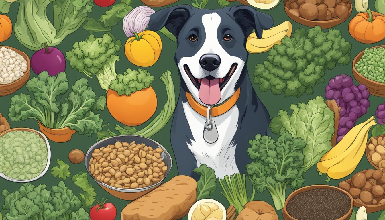 A happy dog eating a bowl of kale surrounded by other nutrient-rich foods