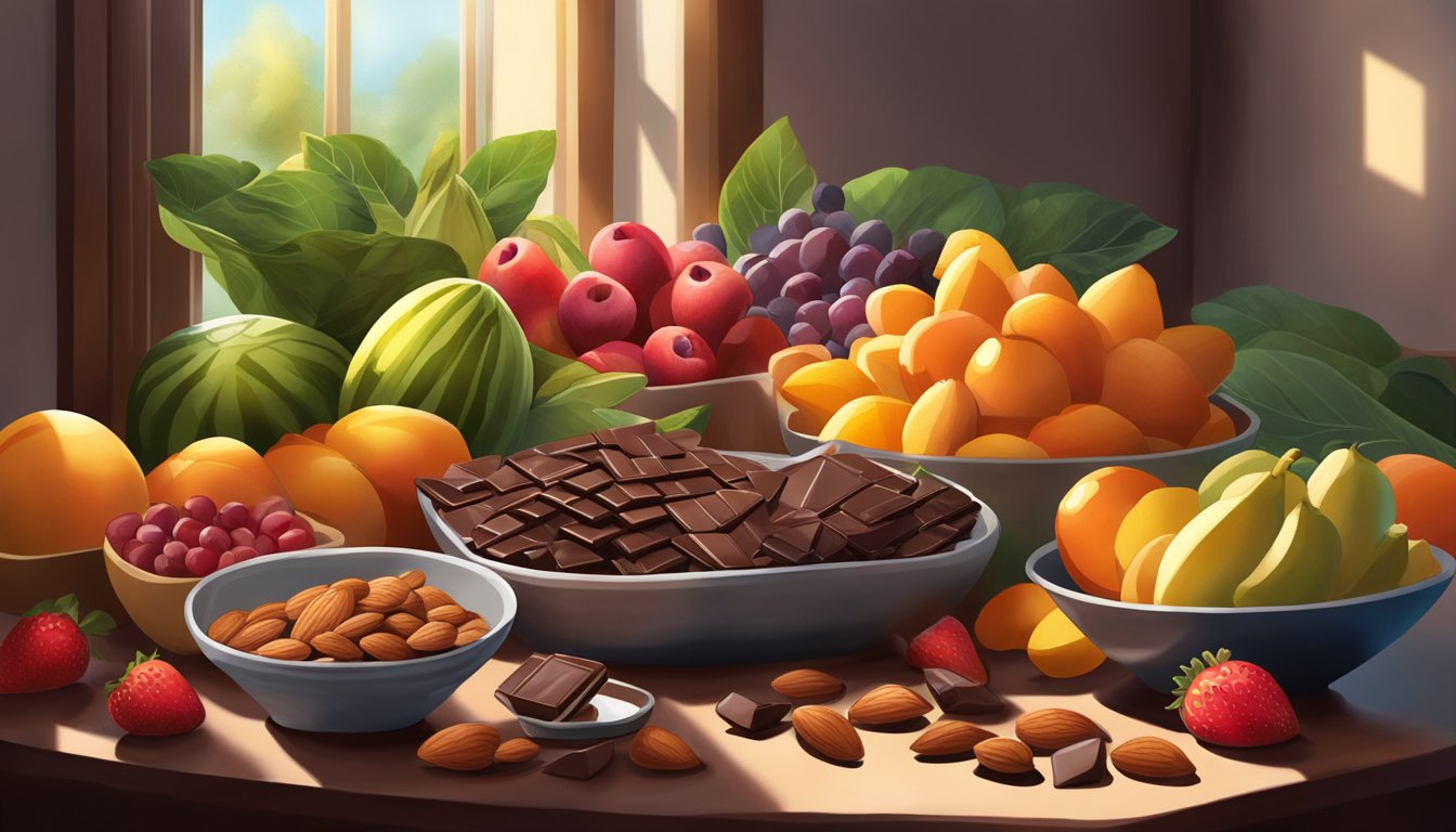 A pile of almonds and dark chocolate arranged on a table, surrounded by vibrant fruits and vegetables. Sunlight streaming in through a nearby window highlights the natural colors of the food