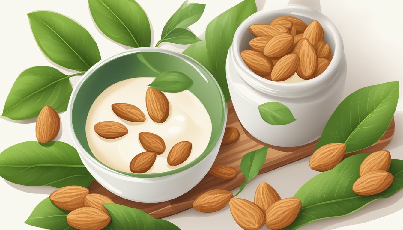 A bowl of almonds surrounded by fresh green leaves and a bottle of breast milk