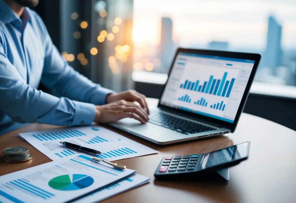 A person sitting at a desk with a laptop, calculator, and financial documents, researching and planning an investment strategy for Bitcoin reaching $100k