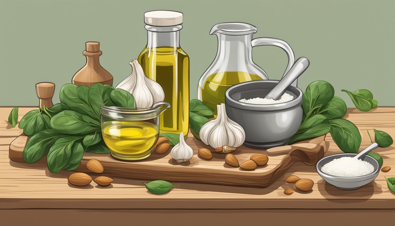 A variety of garlic, spinach, and almonds arranged on a wooden cutting board, surrounded by a mortar and pestle, a bottle of olive oil, and a measuring cup