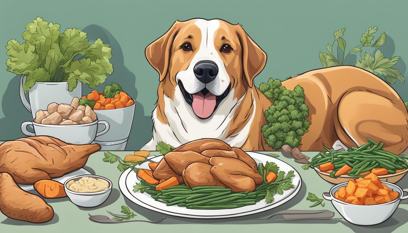 A dog happily eating a plate of cooked chicken breast, surrounded by nutrient-rich foods like sweet potatoes, carrots, and green beans