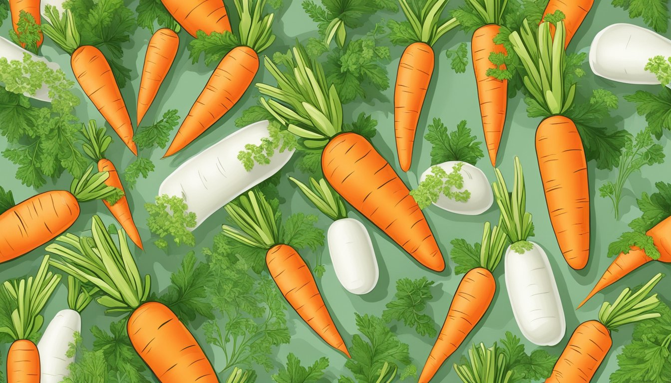 A vibrant bunch of carrots surrounded by sprouting green leaves, with a milky white liquid flowing from the carrots, symbolizing the nutrient-rich properties that may boost breast milk production