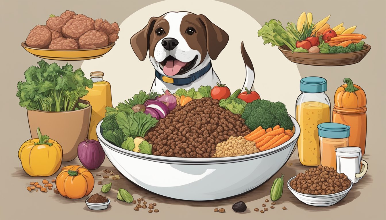 A bowl of nutrient-rich ground beef surrounded by a variety of healthy foods, with a happy, underweight dog eagerly eating from the bowl