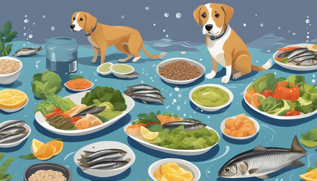 A can of sardines in water surrounded by nutrient-rich foods, with a healthy-looking dog eagerly approaching the meal