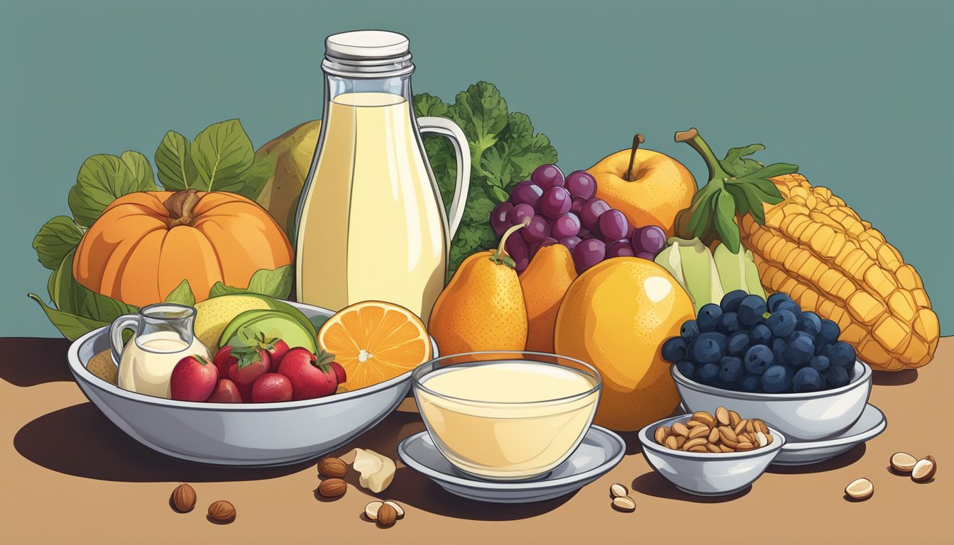 A variety of colorful fruits, vegetables, nuts, and dairy products arranged on a table, with a bottle of breast milk next to them