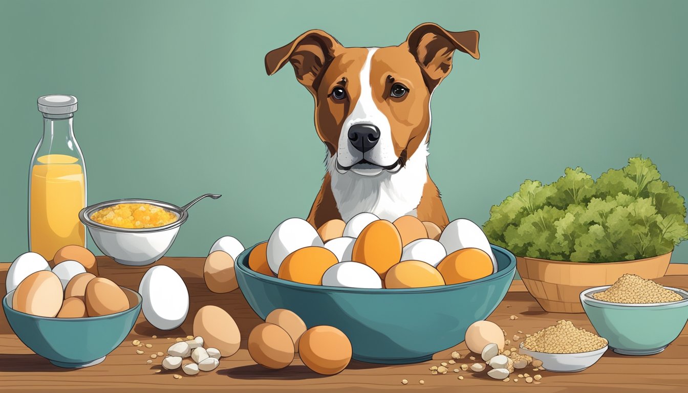 A bowl filled with organic eggs, surrounded by nutrient-rich foods, with a healthy-looking dog eagerly waiting to eat