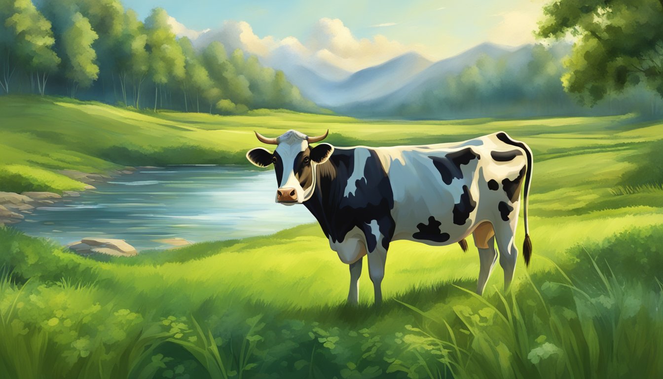 A cow standing in a lush green pasture, surrounded by fresh water sources and grazing on nutrient-rich grasses and plants