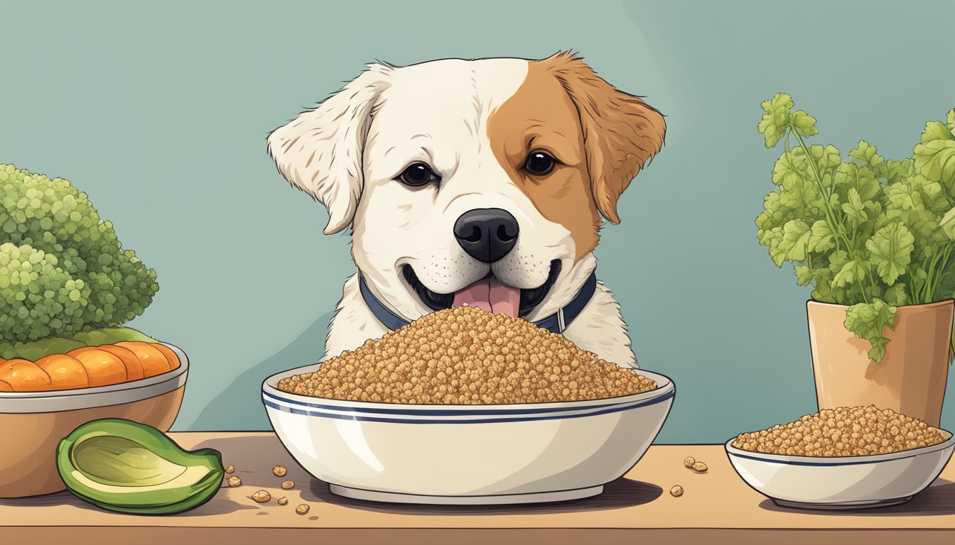 A bowl of quinoa mixed with nutrient-rich foods, surrounded by a happy, healthy-looking underweight dog gaining weight safely