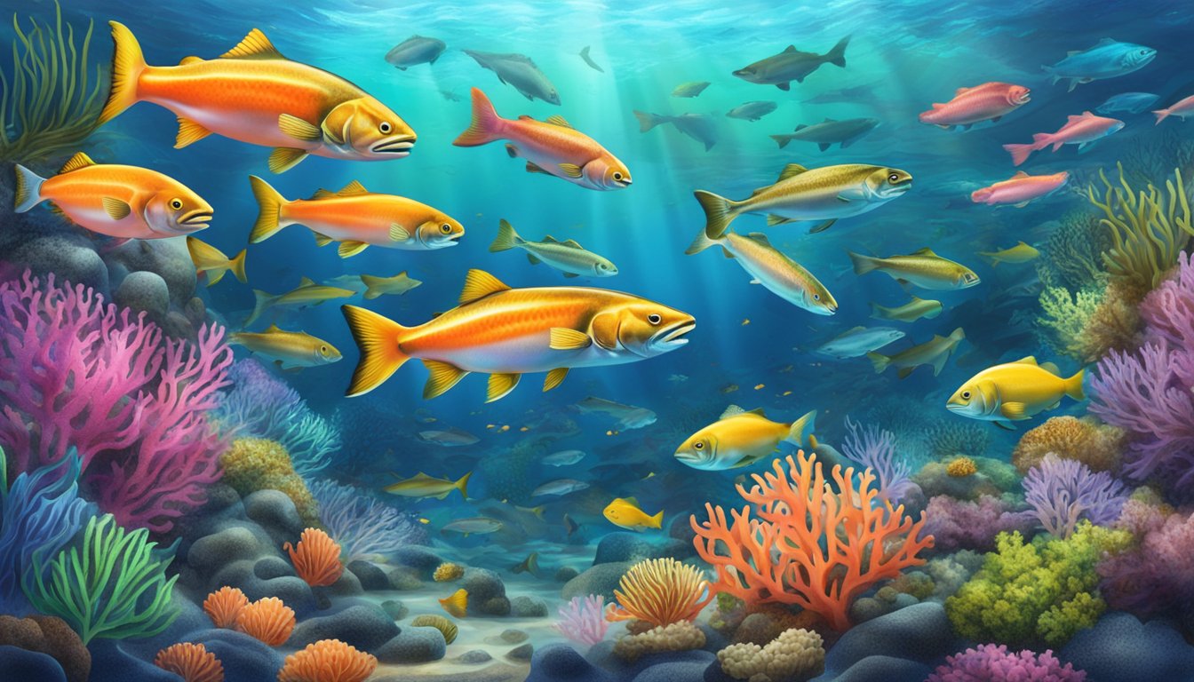 A vibrant underwater scene with a school of salmon swimming amidst colorful coral and seaweed, surrounded by other nutrient-rich marine life