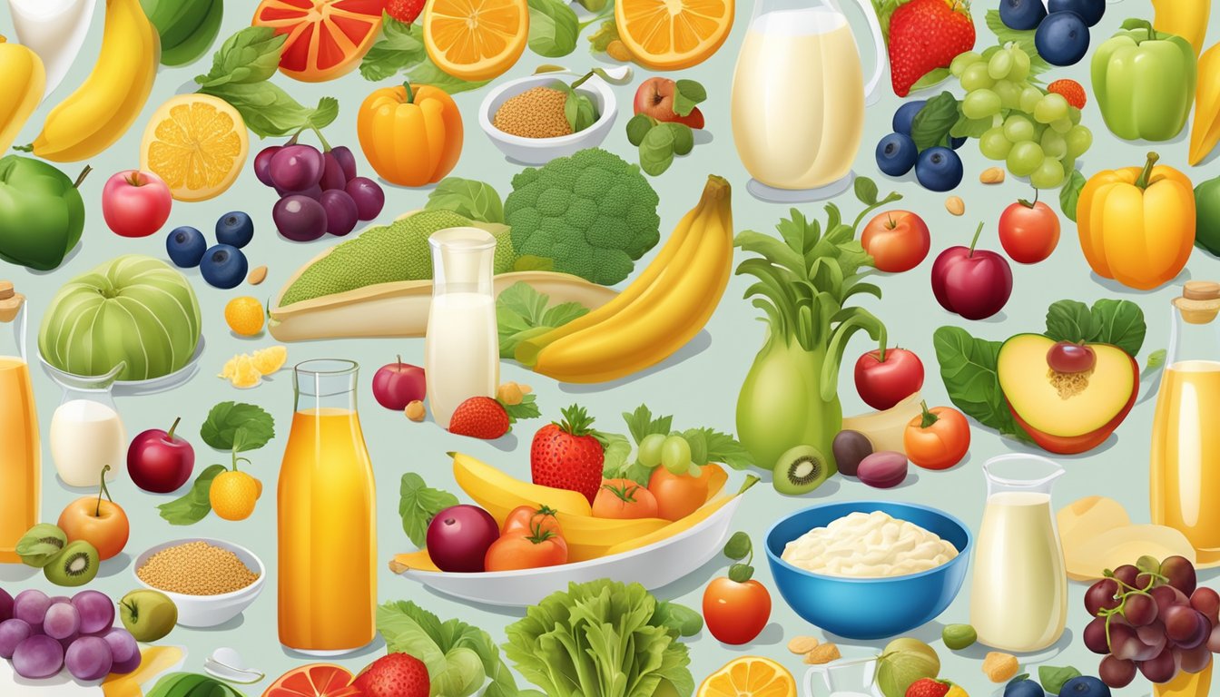 A colorful array of fruits, vegetables, grains, and dairy products arranged in a balanced and vibrant composition