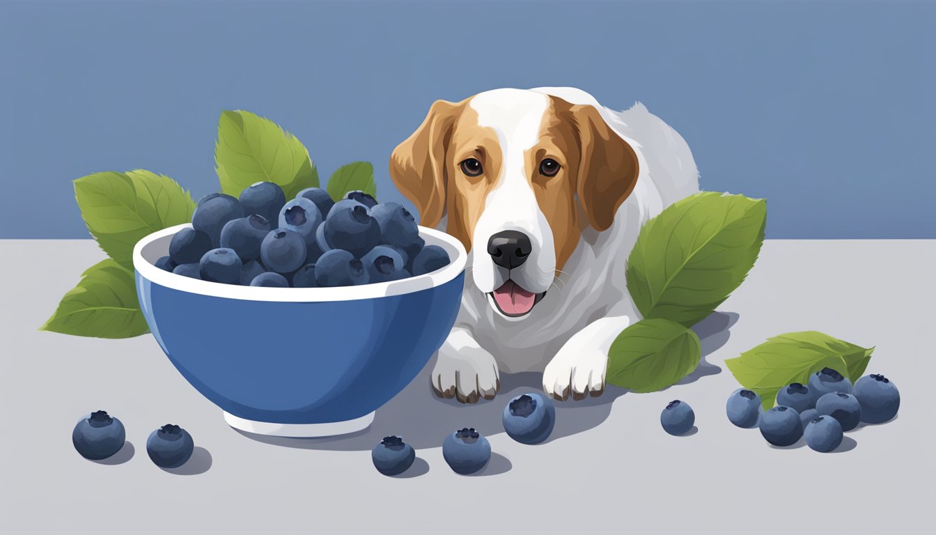 A bowl of blueberries and a healthy-looking dog gaining weight