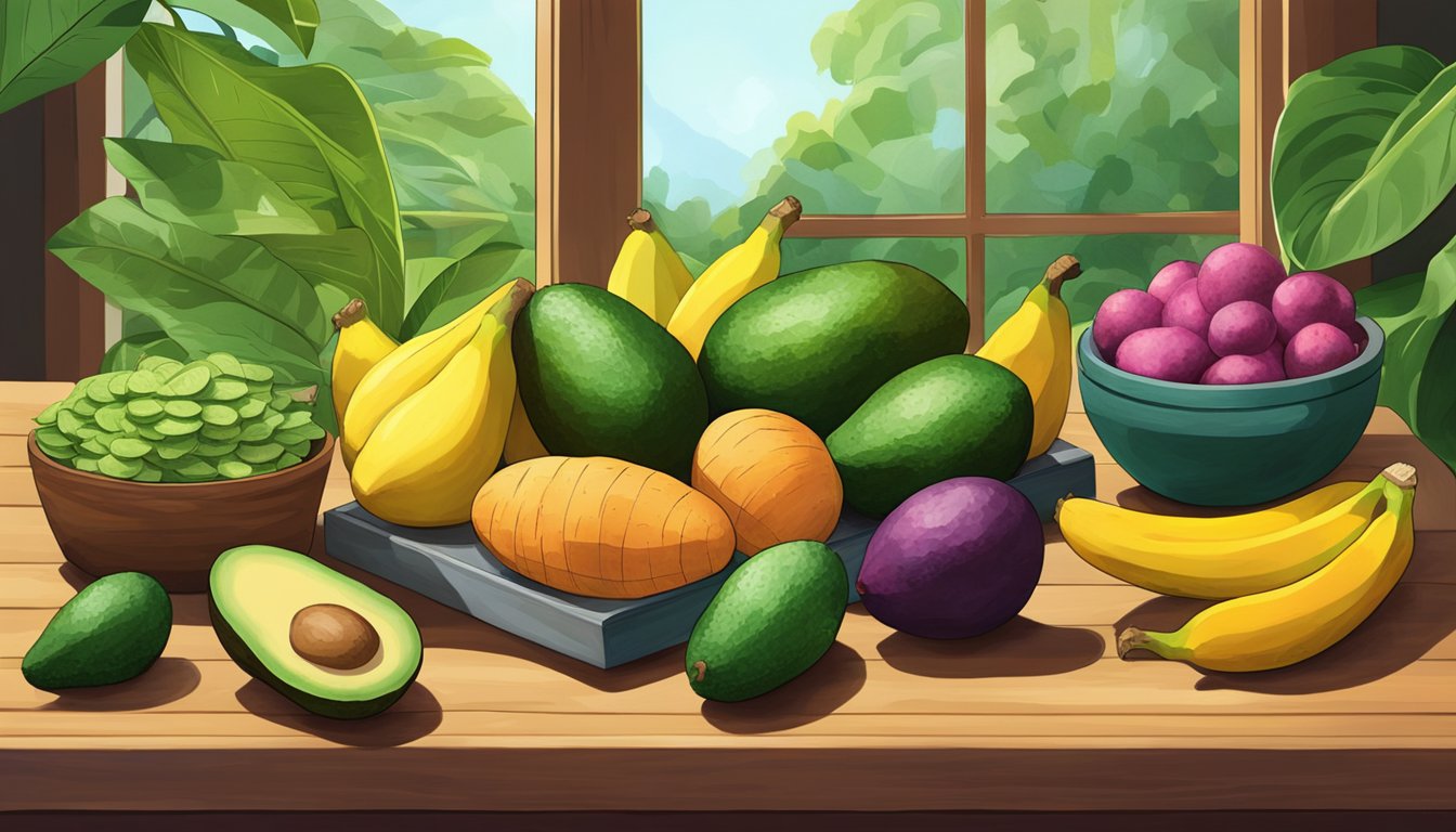 A colorful array of ripe avocados, bananas, and sweet potatoes arranged on a wooden table, surrounded by vibrant green leaves and a soft, natural light filtering through the window