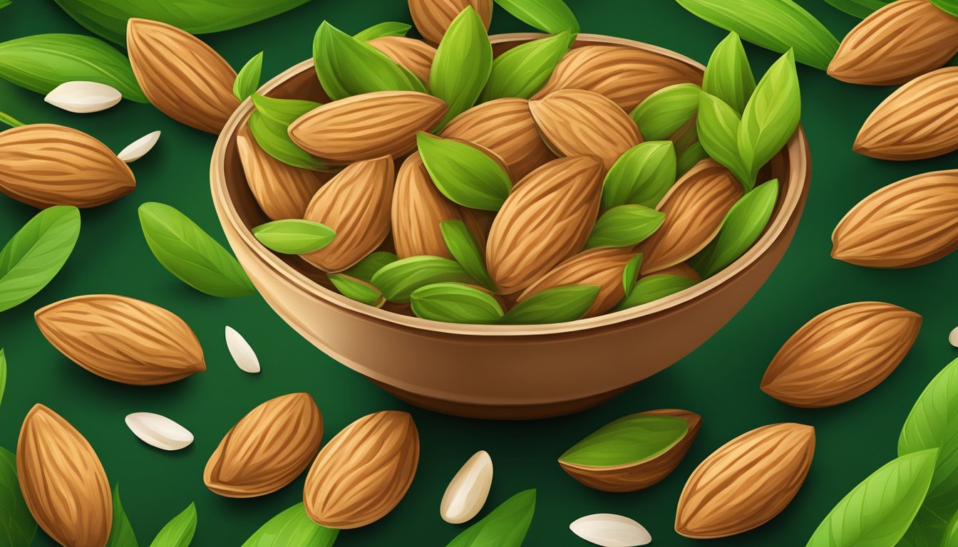 A bowl of almonds surrounded by vibrant green leaves and a scattering of whole almonds and almond shells