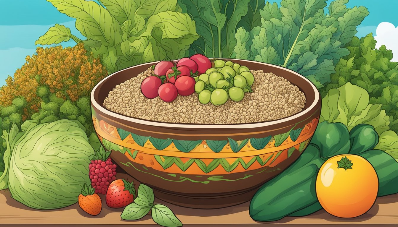 A bowl of quinoa surrounded by colorful fruits and vegetables, with a backdrop of green leafy plants and a bright blue sky