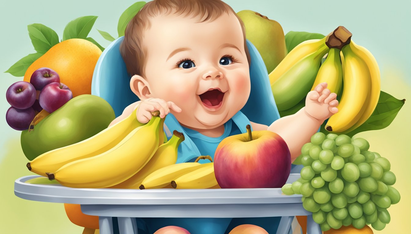 A colorful assortment of nutrient-rich fruits, including bananas, arranged on a high chair tray, with a happy baby eagerly reaching out to grab them