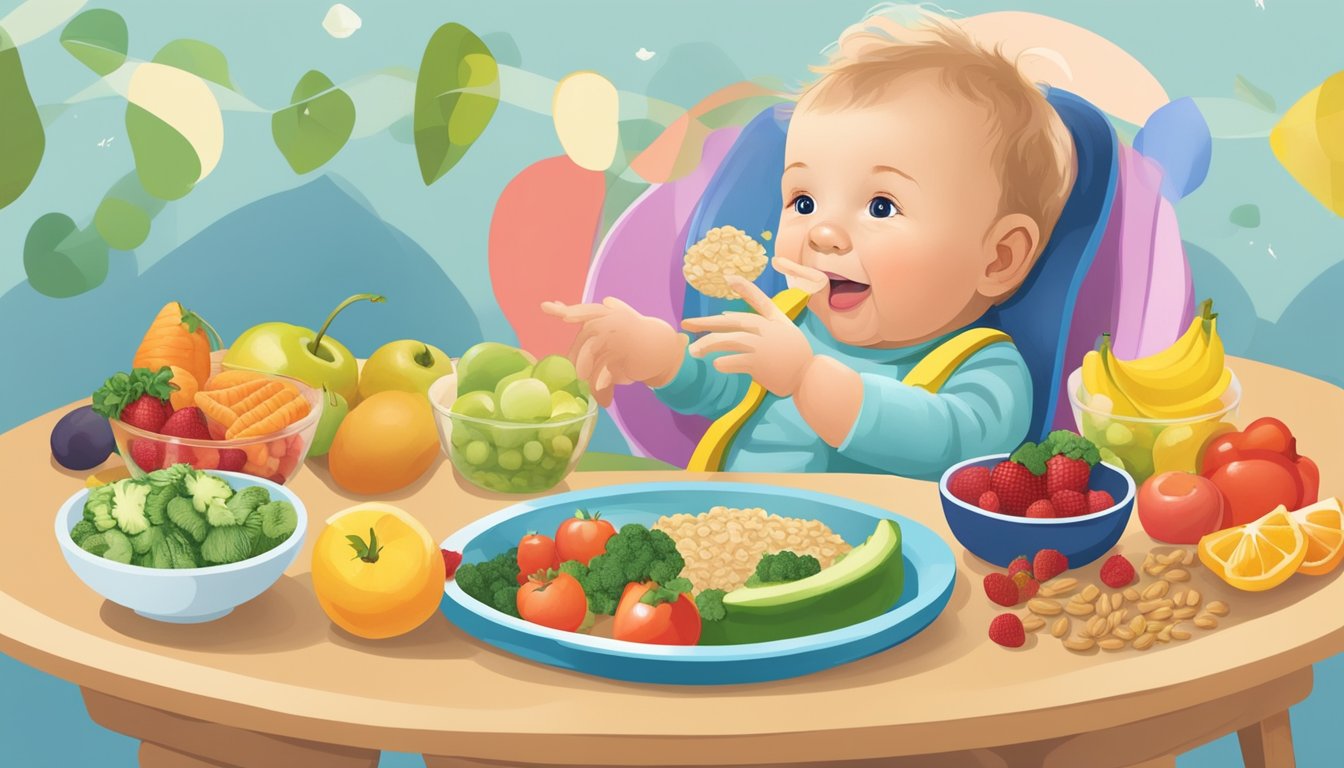 A colorful array of nutrient-rich foods, including oatmeal, fruits, and vegetables, arranged on a high chair tray, with a happy baby eagerly reaching for them