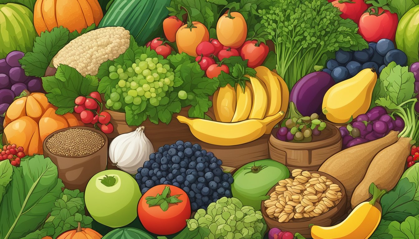 A variety of colorful fruits, vegetables, and whole grains displayed on a table, surrounded by vibrant green leafy plants