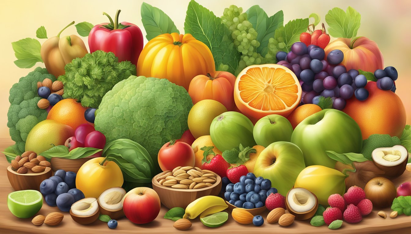 A vibrant assortment of fruits, vegetables, and nuts arranged on a table, radiating health and vitality