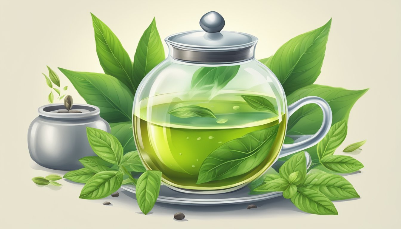 A steaming cup of green tea surrounded by leaves and herbs, with a bottle of green tea extract in the background