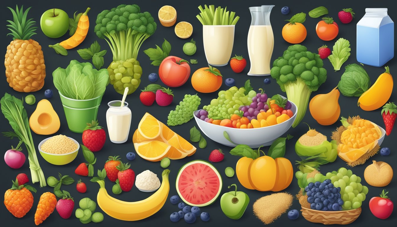 A variety of colorful fruits and vegetables arranged in a playful and inviting manner, surrounded by containers of whole grains, lean proteins, and dairy products