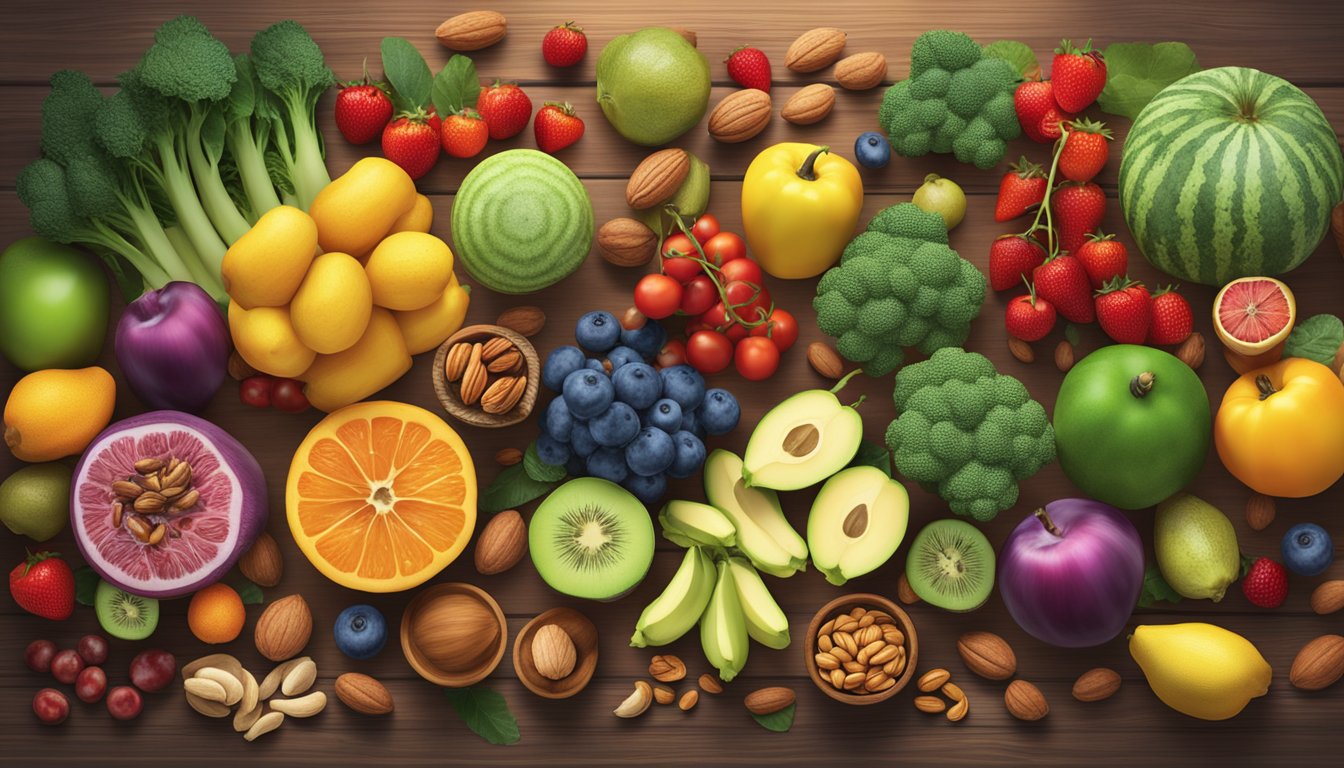 A vibrant assortment of fruits, vegetables, and nuts arranged on a wooden table, surrounded by a glow of light, symbolizing the role of antioxidants in nerve repair