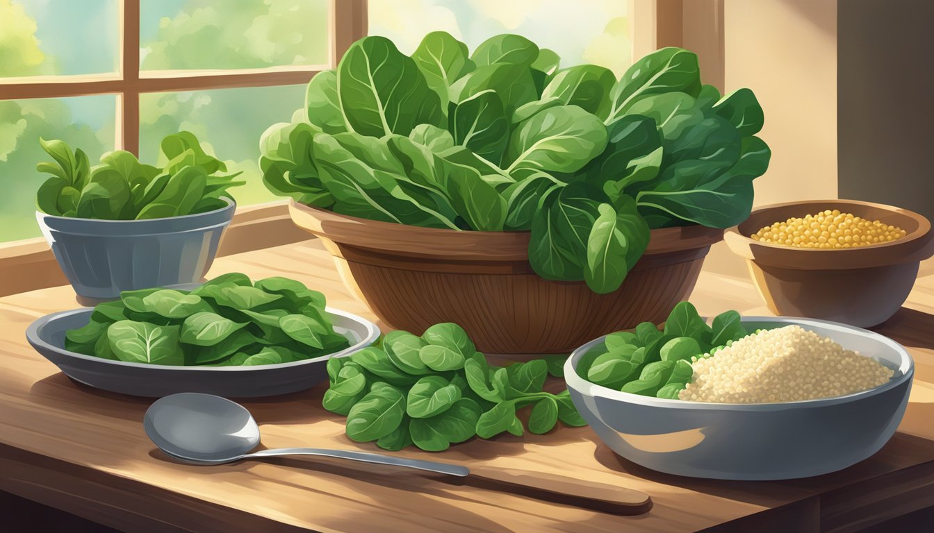 A variety of green leafy spinach and other nutrient-rich foods arranged on a wooden table, with a soft glow of natural light streaming in from a nearby window