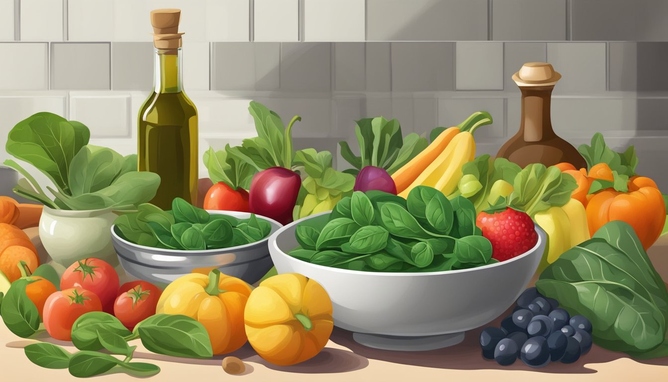 A bowl of fresh spinach surrounded by colorful fruits and vegetables, with a bottle of olive oil and a mortar and pestle on a kitchen counter