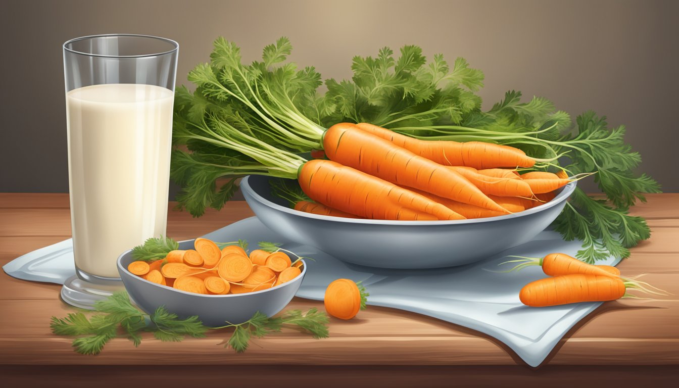 A table with a variety of fresh carrots, along with a glass of milk and a breastfeeding symbol