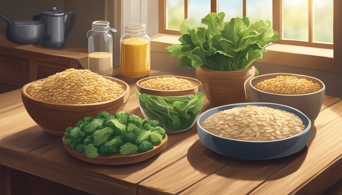 A variety of nutrient-rich foods like oats, barley, and leafy greens arranged on a wooden table with a soft, natural light streaming in through a nearby window