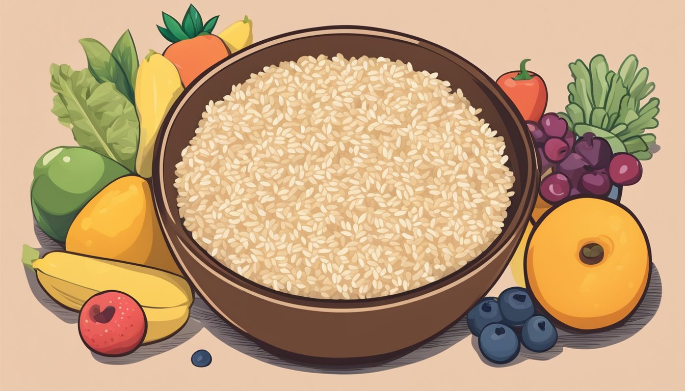 A bowl of brown rice surrounded by colorful fruits and vegetables, with a bottle of breast milk nearby