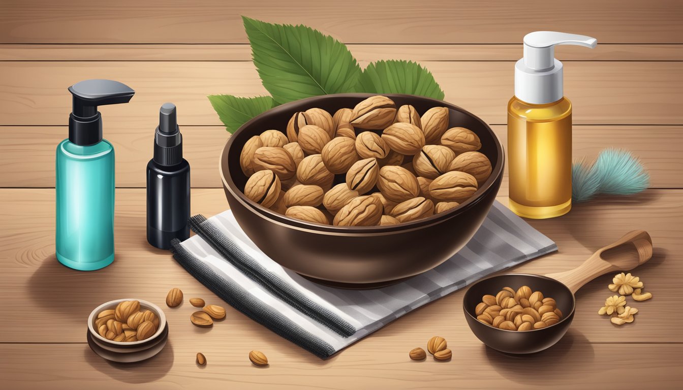 A bowl of walnuts surrounded by various hair care products on a wooden table