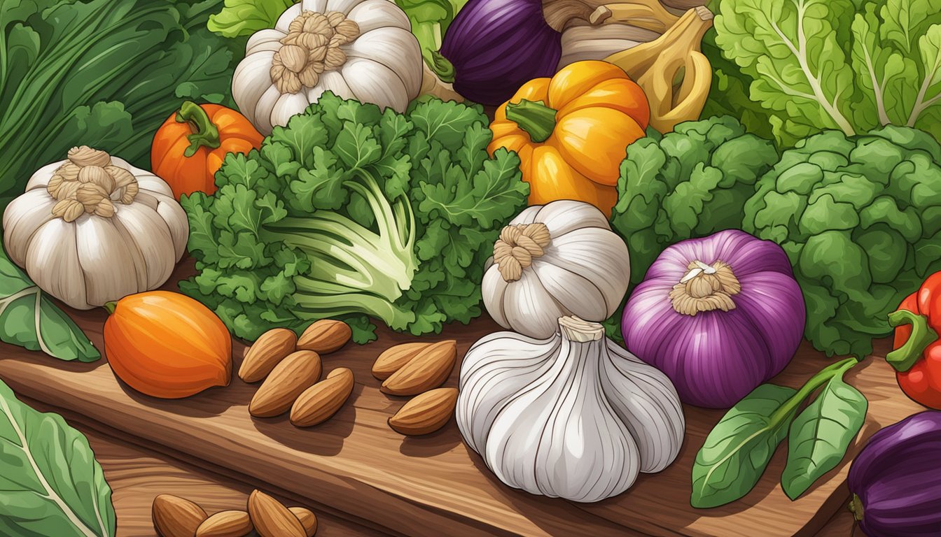 A colorful array of garlic, leafy greens, and nuts on a wooden cutting board, surrounded by vibrant fruits and vegetables