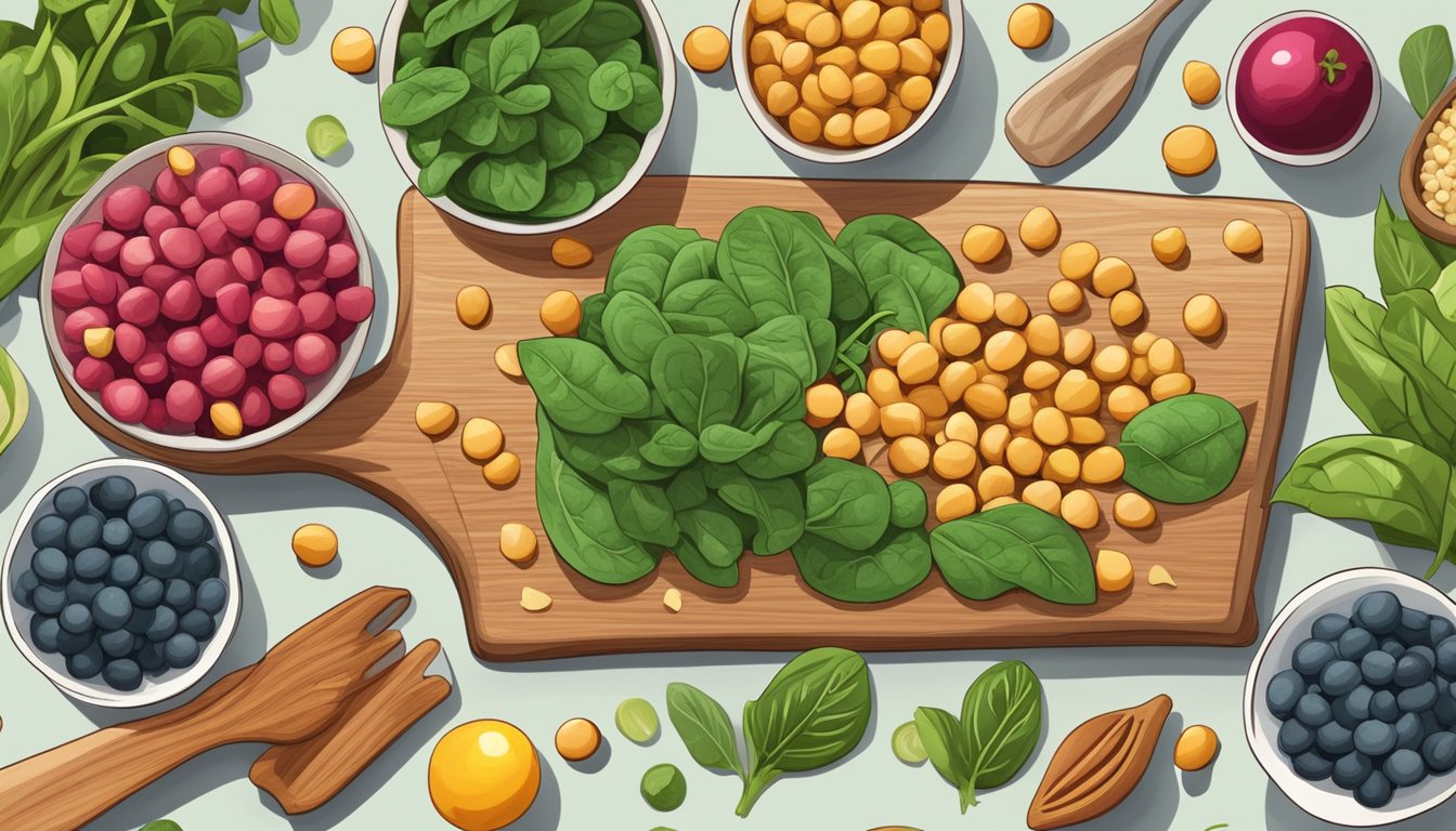 A colorful array of chickpeas, spinach, and almonds arranged on a wooden cutting board, surrounded by vibrant fruits and vegetables