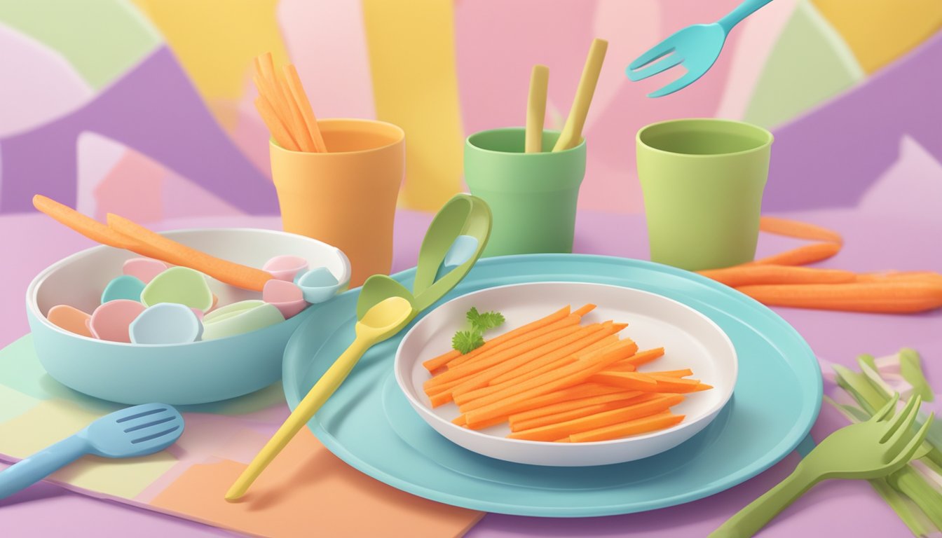 Steamed carrot sticks arranged on a colorful, child-friendly plate, surrounded by soft, pastel-colored baby utensils