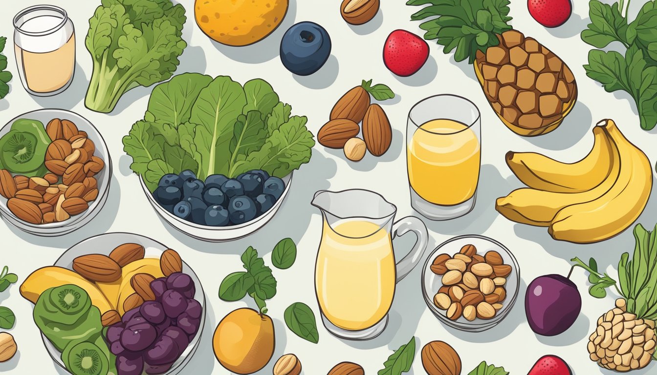 A colorful array of nutrient-rich foods, such as leafy greens, nuts, and fruits, arranged on a table with a glass of milk, symbolizing natural ways to enhance breast milk production