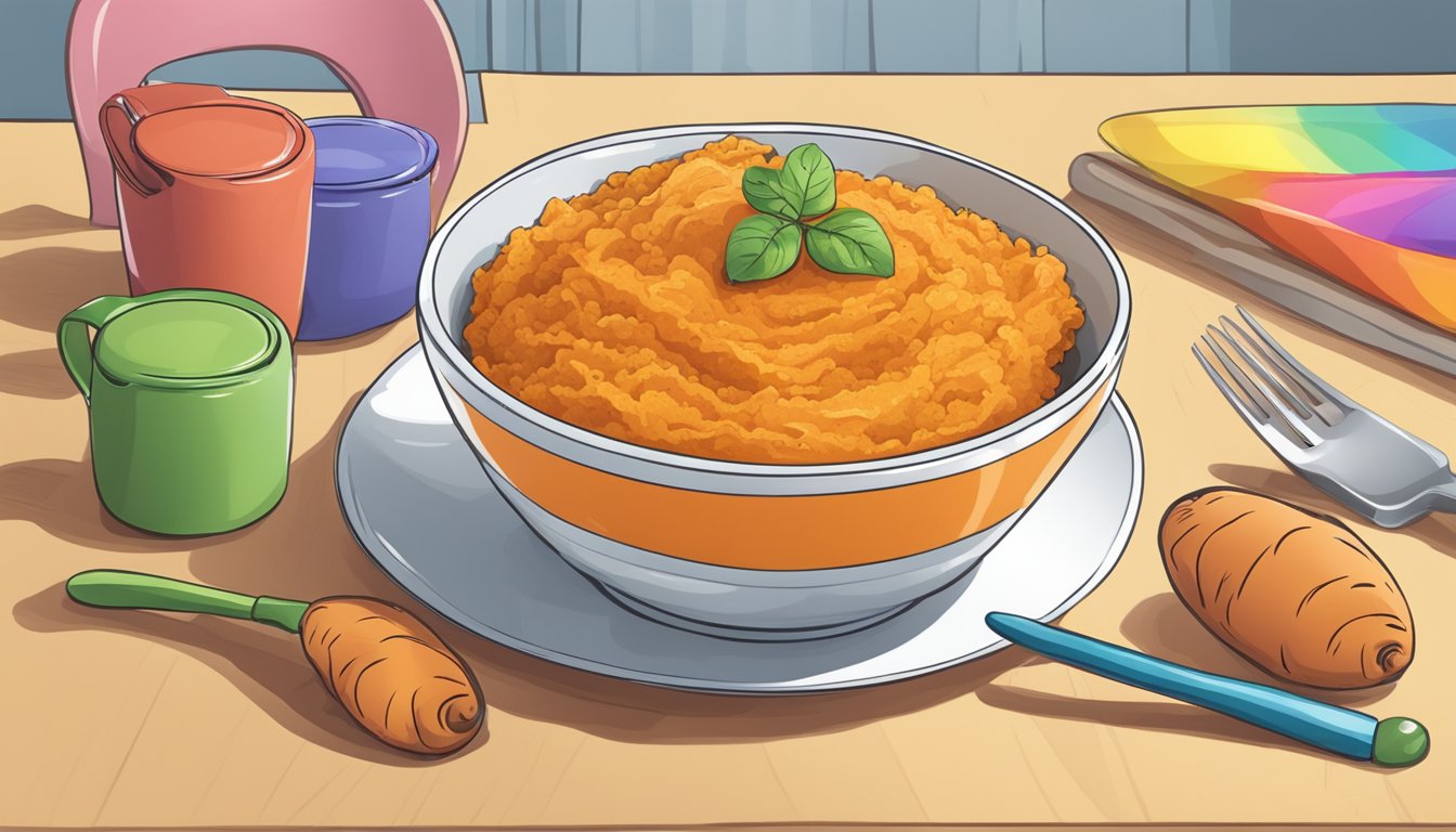 A bowl of sweet potato mash surrounded by colorful, child-friendly utensils and a high chair