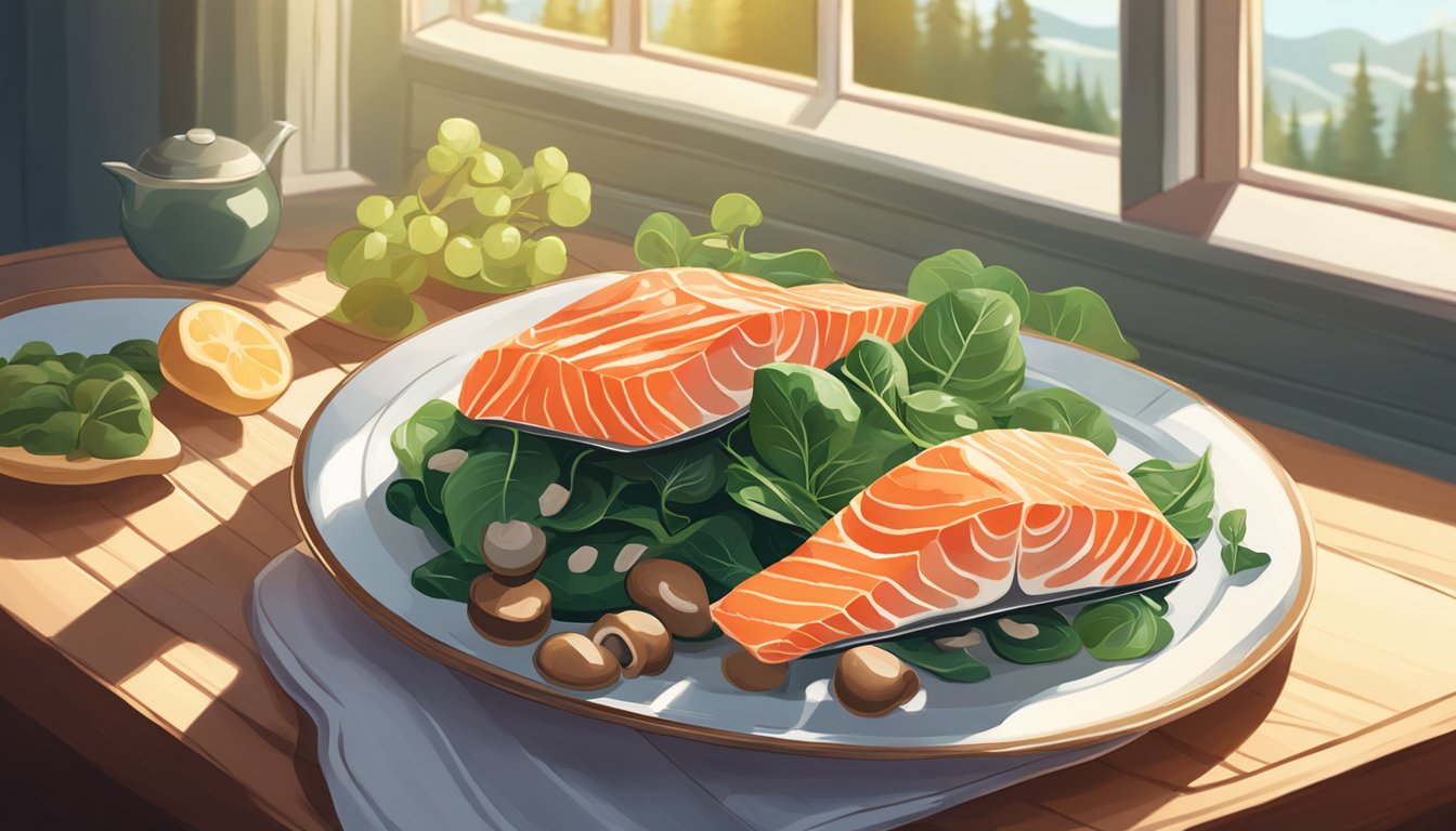 A plate with salmon, spinach, and mushrooms on a wooden table. Sunlight streaming in through a window, casting a warm glow on the food