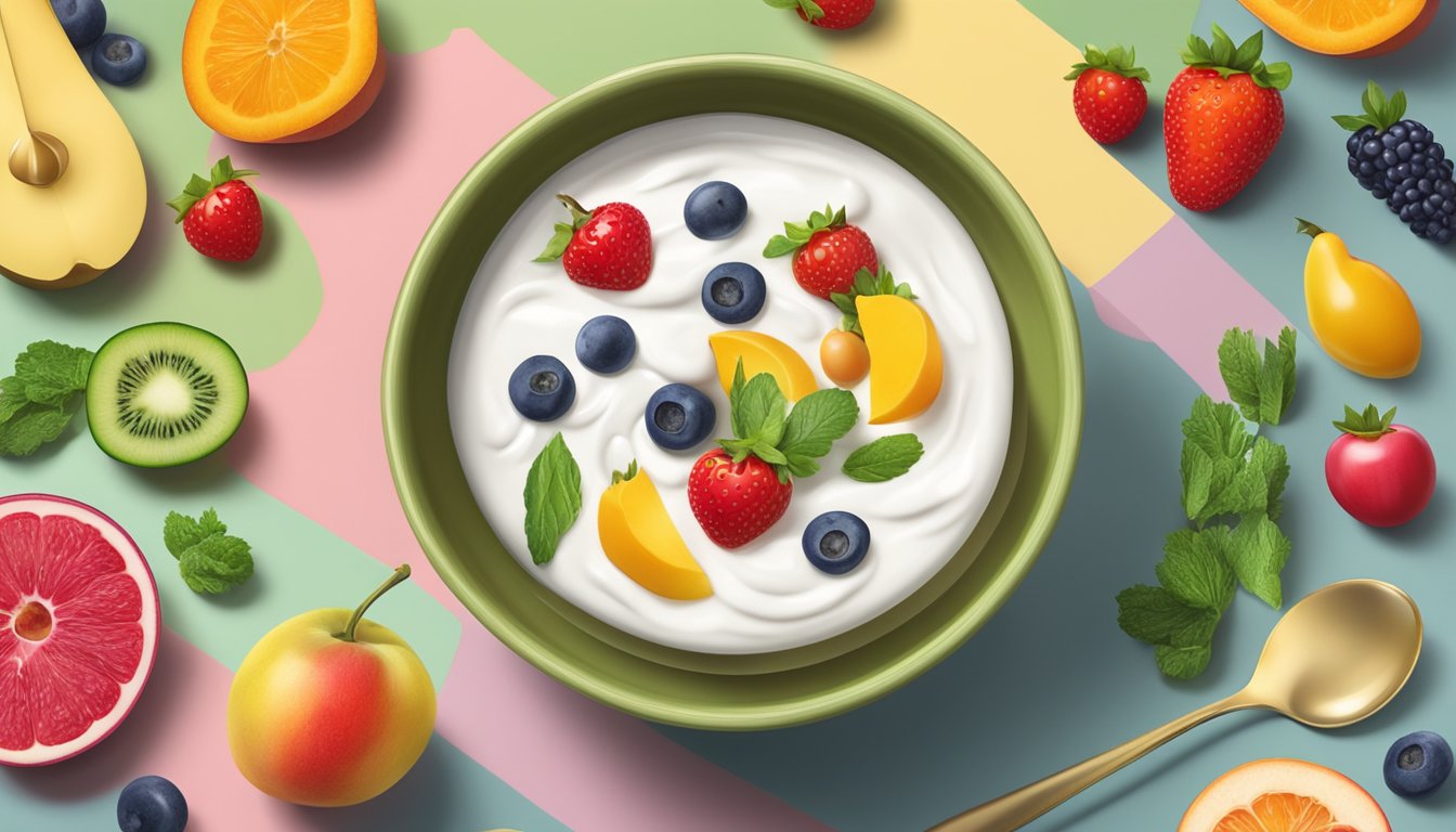 A bowl of plain yogurt surrounded by colorful fruits and vegetables, with a spoon nearby