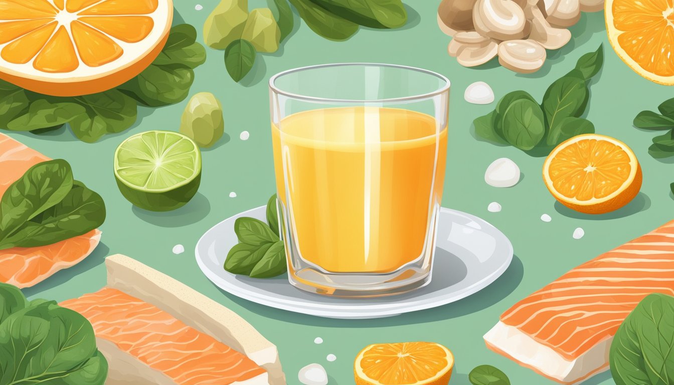 A glass of fortified orange juice surrounded by nutrient-rich foods like salmon, spinach, and mushrooms to combat vitamin D deficiency