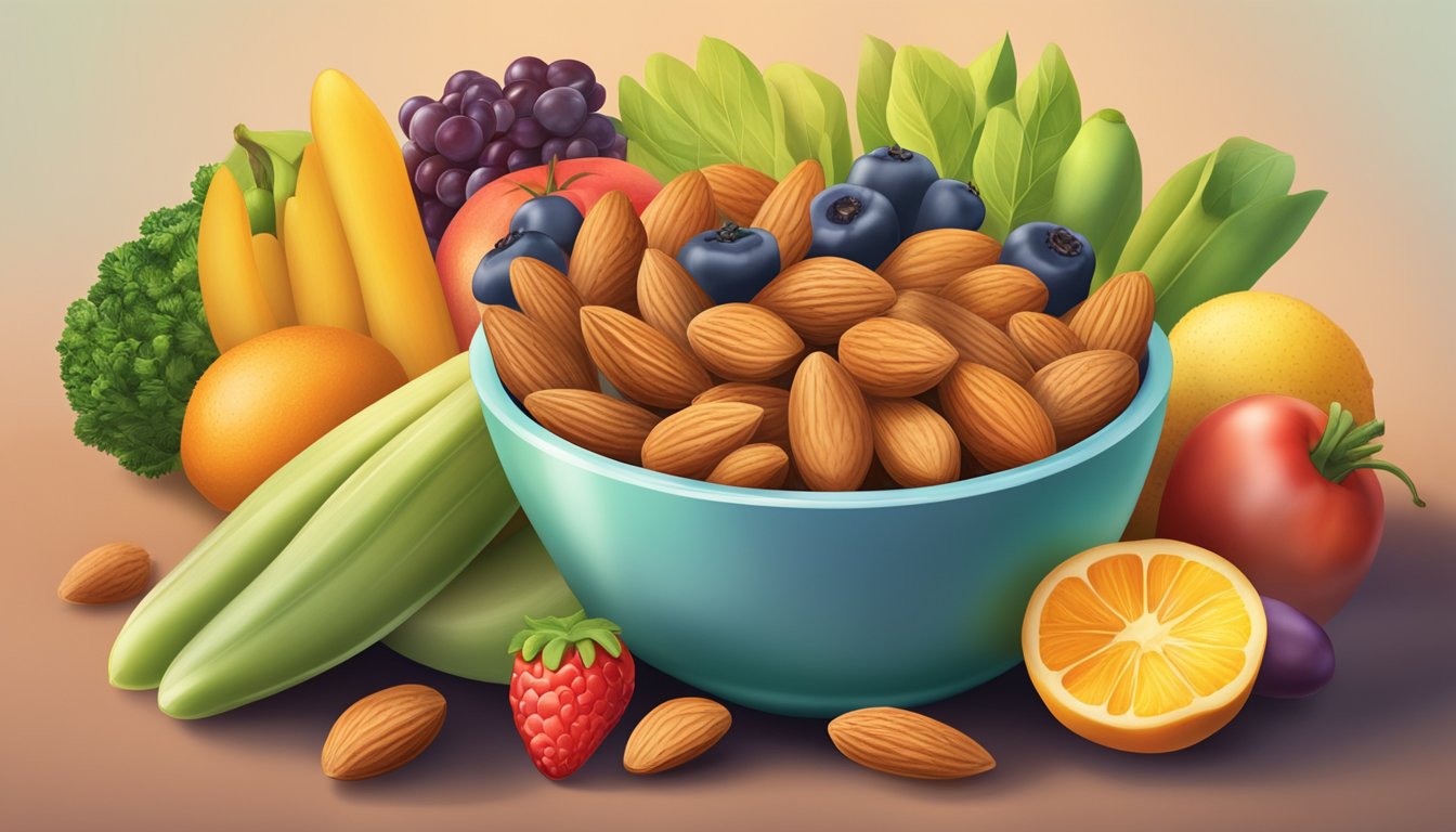 A bowl of almonds surrounded by fresh fruits and vegetables, with a soft glow highlighting their nutrient-rich properties