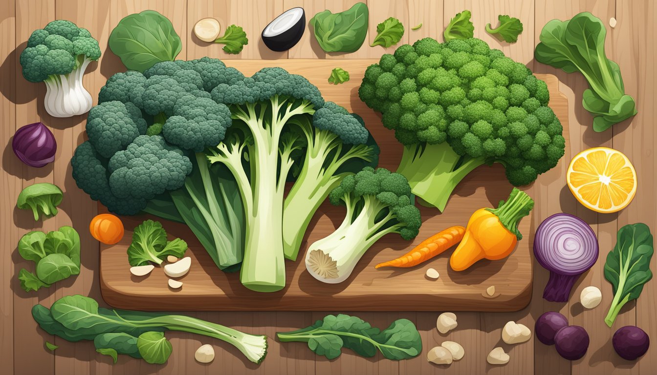 A colorful array of broccoli, spinach, kale, and other nutrient-rich foods arranged on a wooden cutting board