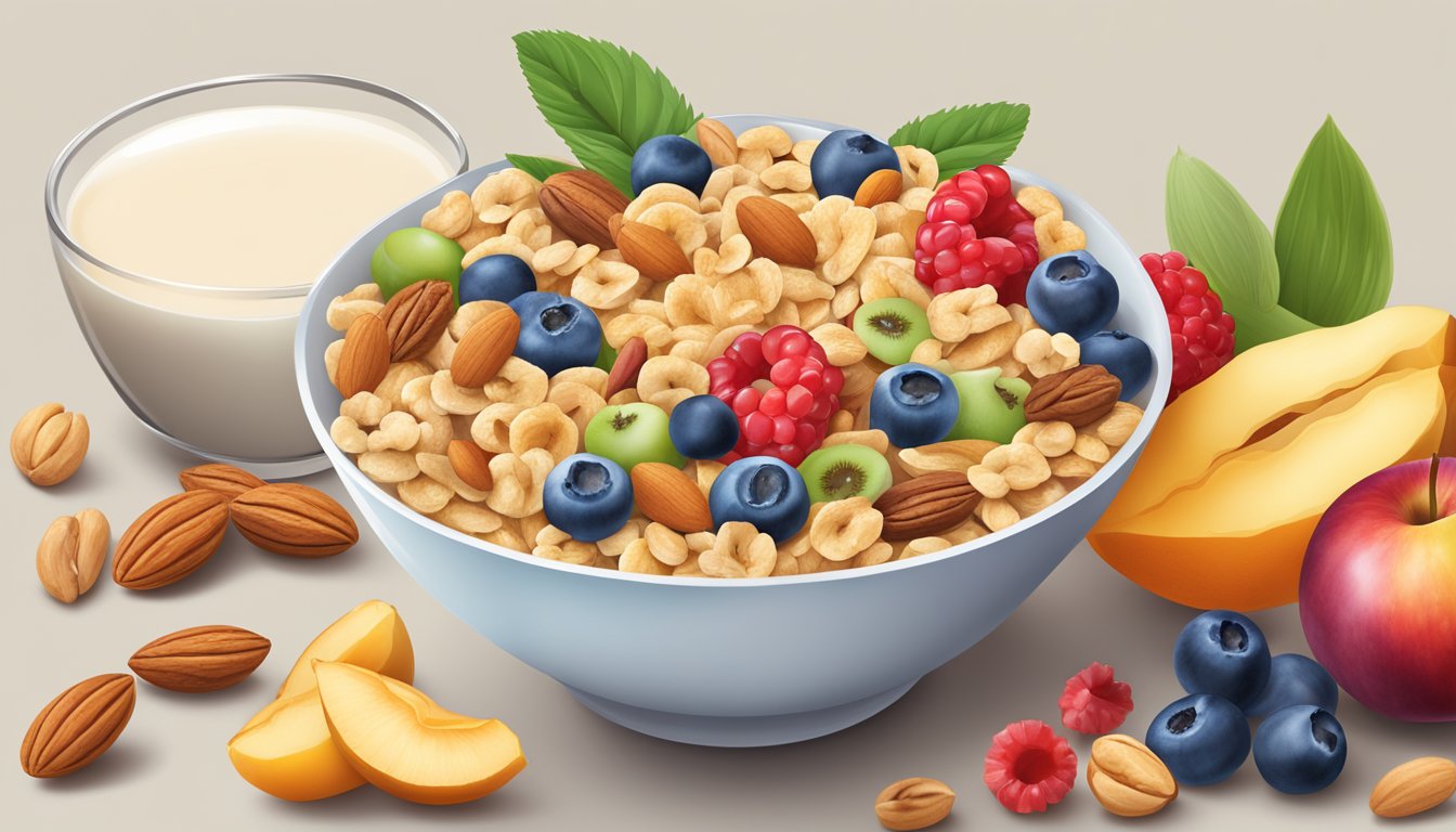 A bowl of fortified cereal surrounded by a glass of milk, a spoon, and a vibrant assortment of fruits and nuts