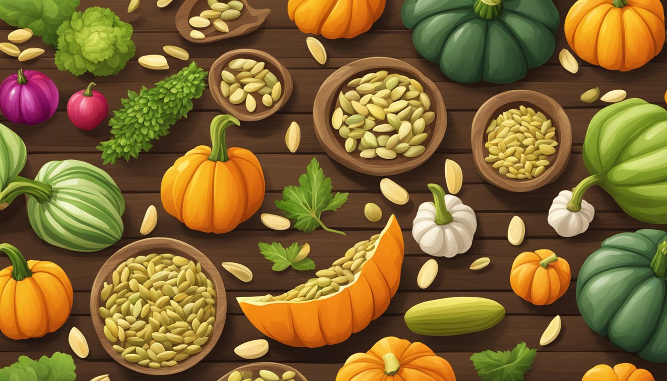 A variety of pumpkin seeds scattered on a wooden table, surrounded by fresh, vibrant vegetables and fruits