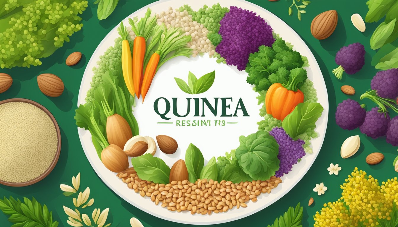 A colorful variety of quinoa, nuts, and vegetables arranged in a circular pattern, surrounded by vibrant green leaves and flowers