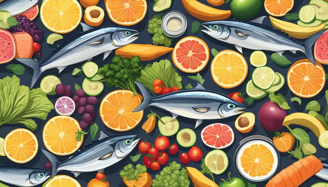 A colorful array of canned tuna, salmon, and sardines surrounded by vibrant fruits and vegetables, all bathed in natural sunlight