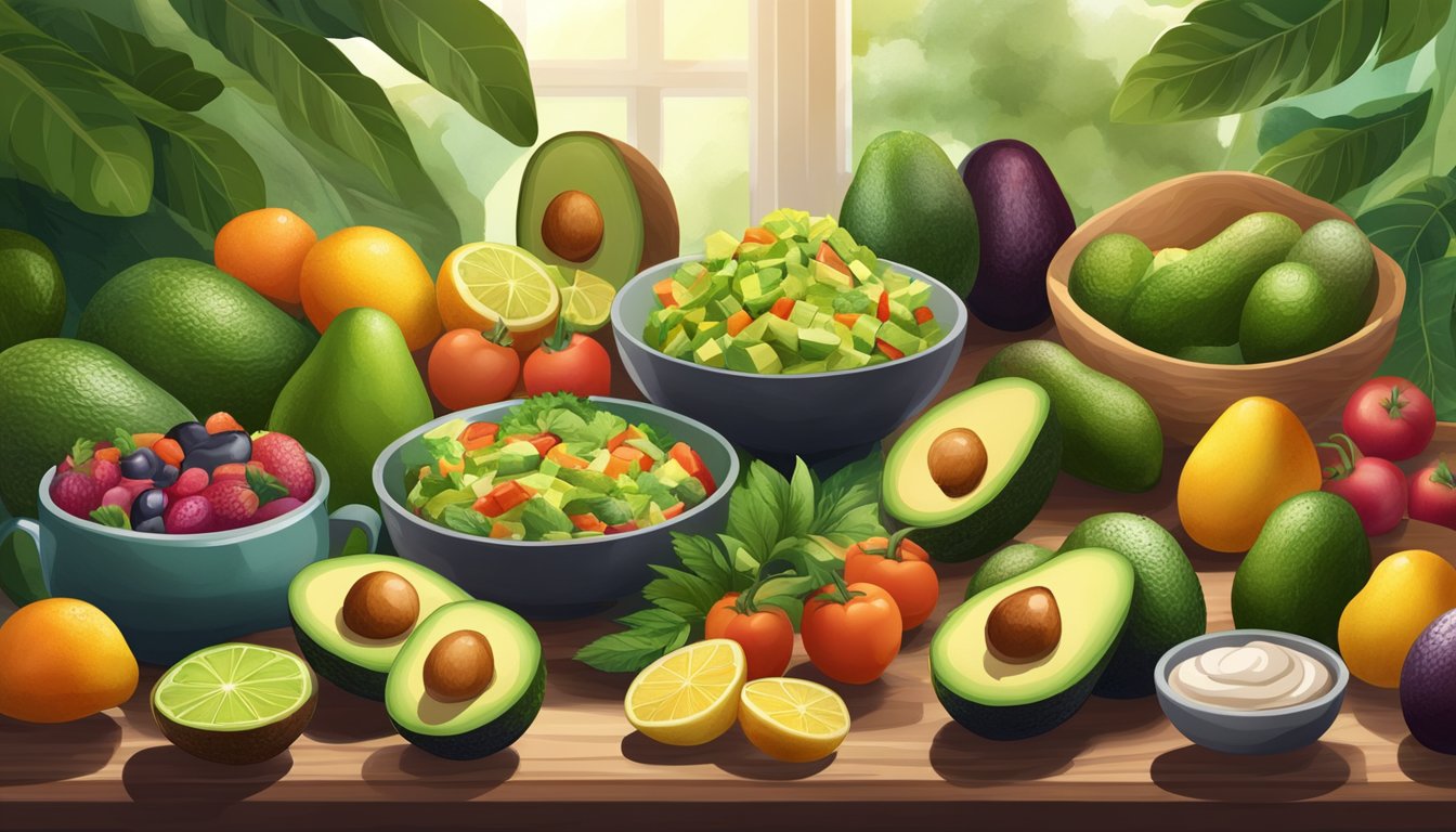 A table with a variety of avocado dishes surrounded by colorful fruits and vegetables, with a spotlight on the avocado, showcasing its nutrient-rich properties